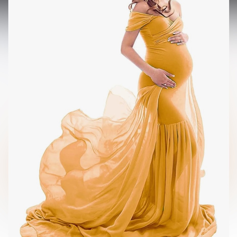 Maternity Off-Shoulder Dress in Yellow Mustard photoshoot - one size
